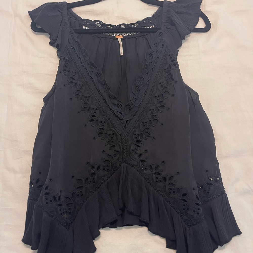 Free People Black Eyelet Ruffle Blouse